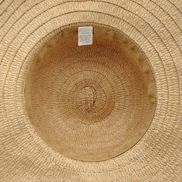 Women's Floppy Wide Brim Straw Summer Hat Tan & Navy - Picture 8 of 10